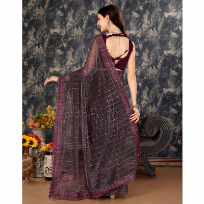 Dark Mauve Tikali Work Lycra Saree With Embroidered Lace Border