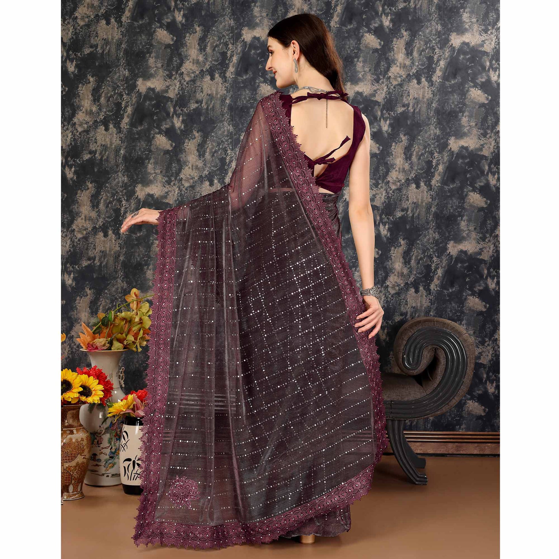 Dark Mauve Tikali Work Lycra Saree With Embroidered Lace Border