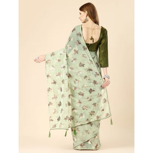 Light Green Floral Foil Printed Rayon Saree