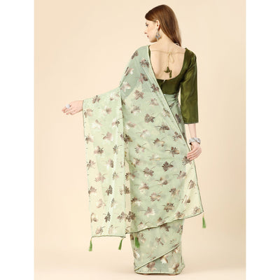 Light Green Floral Foil Printed Rayon Saree