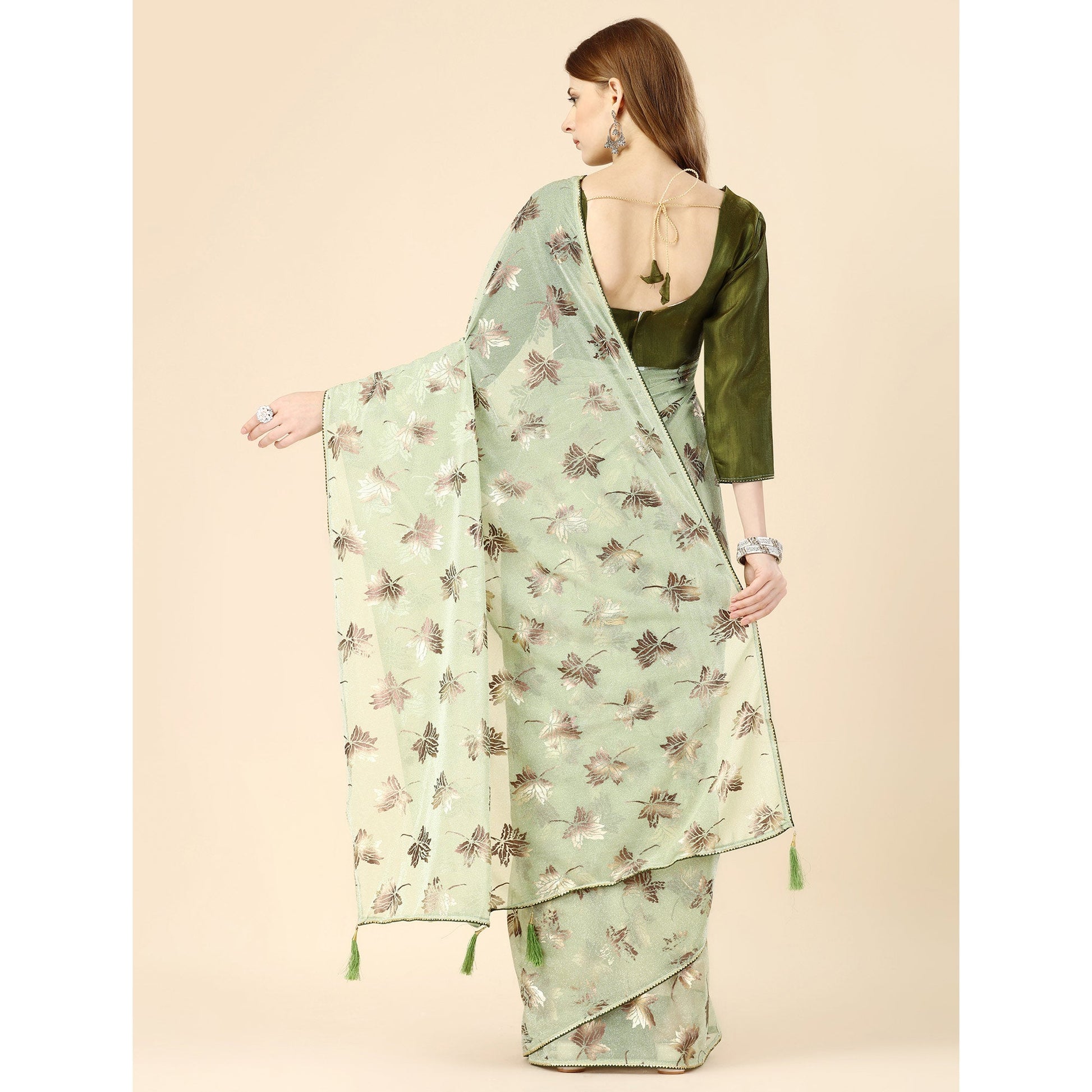Light Green Floral Foil Printed Rayon Saree