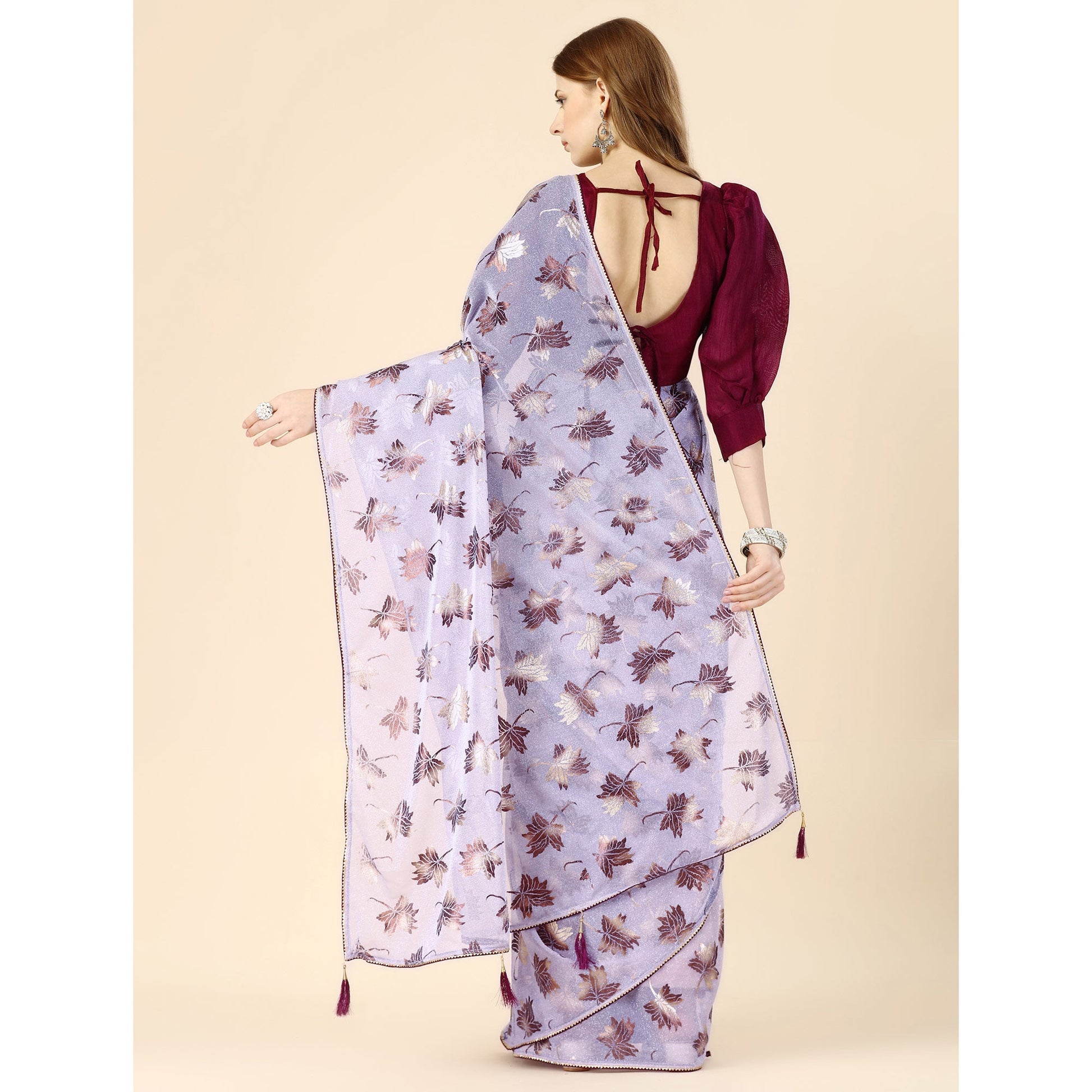 Lavender Floral Foil Printed Rayon Saree