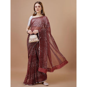 Maroon Sequins Embroidered Lycra Saree