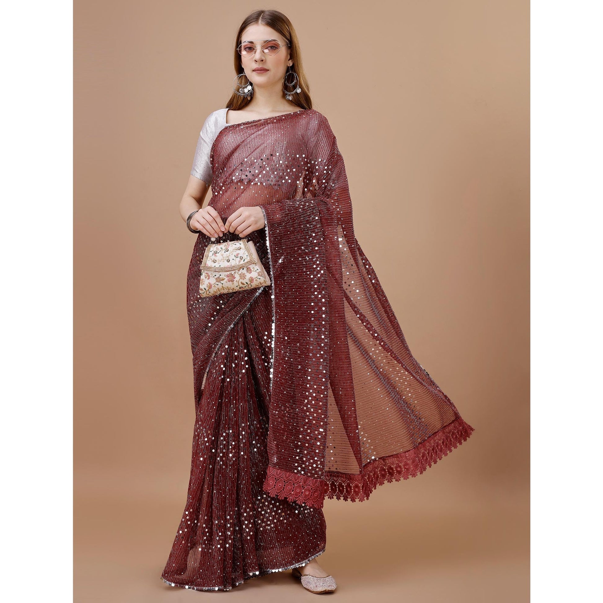 Maroon Sequins Embroidered Lycra Saree