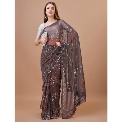 Brown Sequins Embroidered Lycra Saree