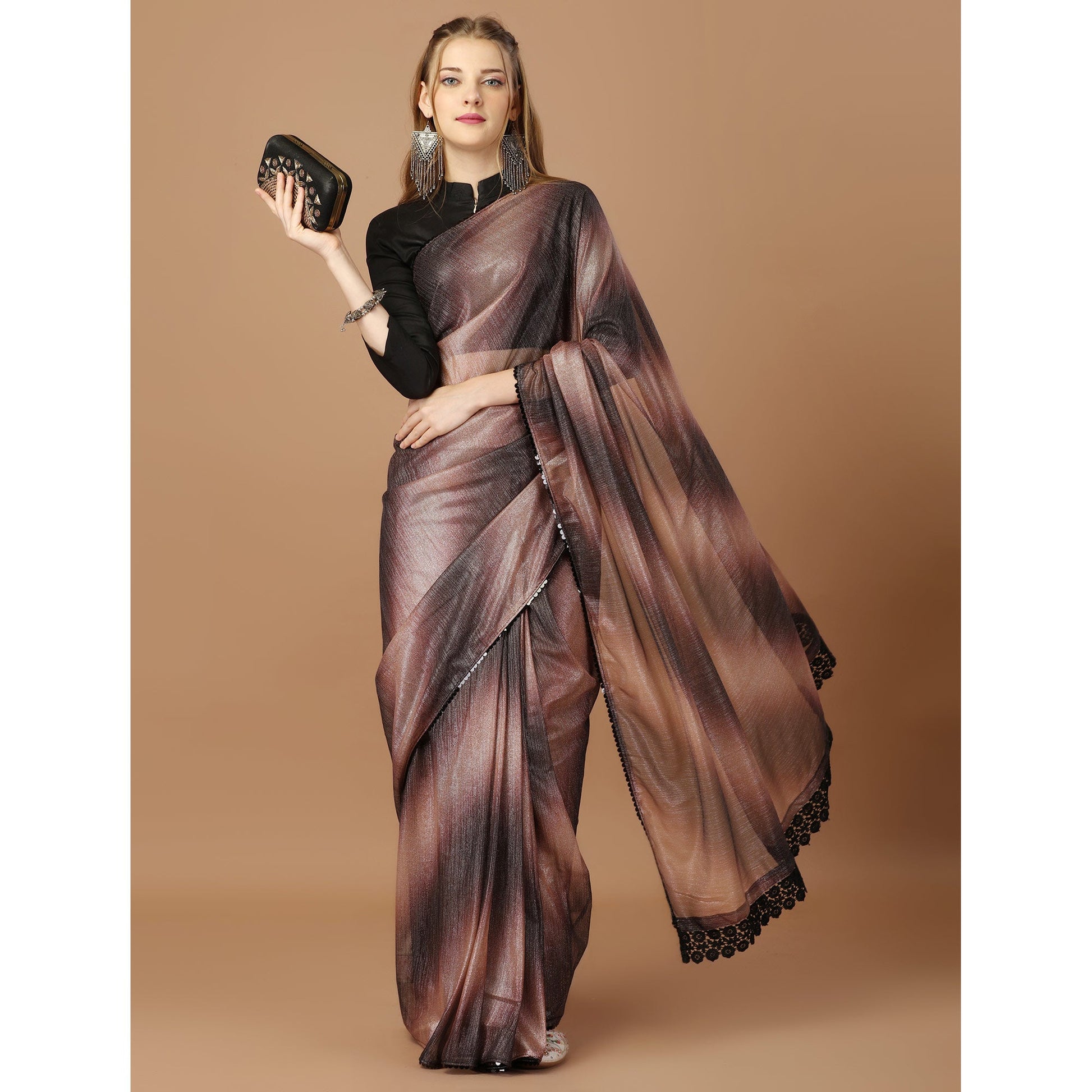 Brown Digital Printed Lycra Saree With Lace Border