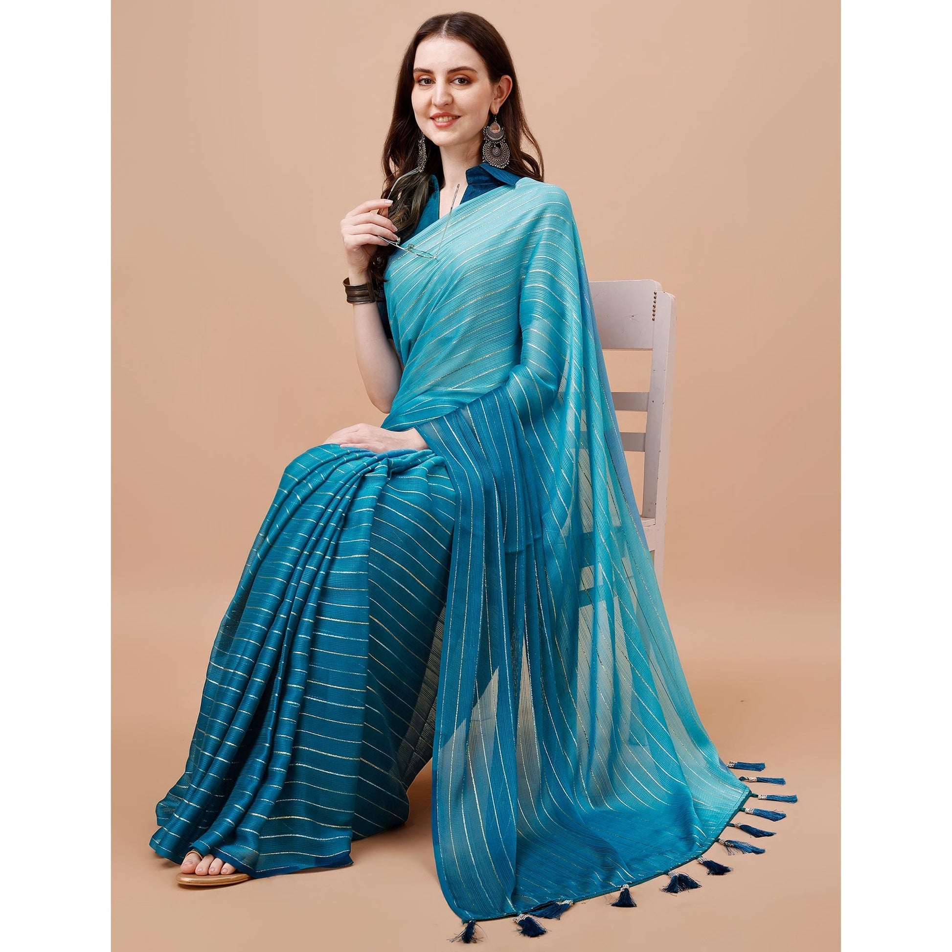 Blue Zari Woven Chiffon Saree
