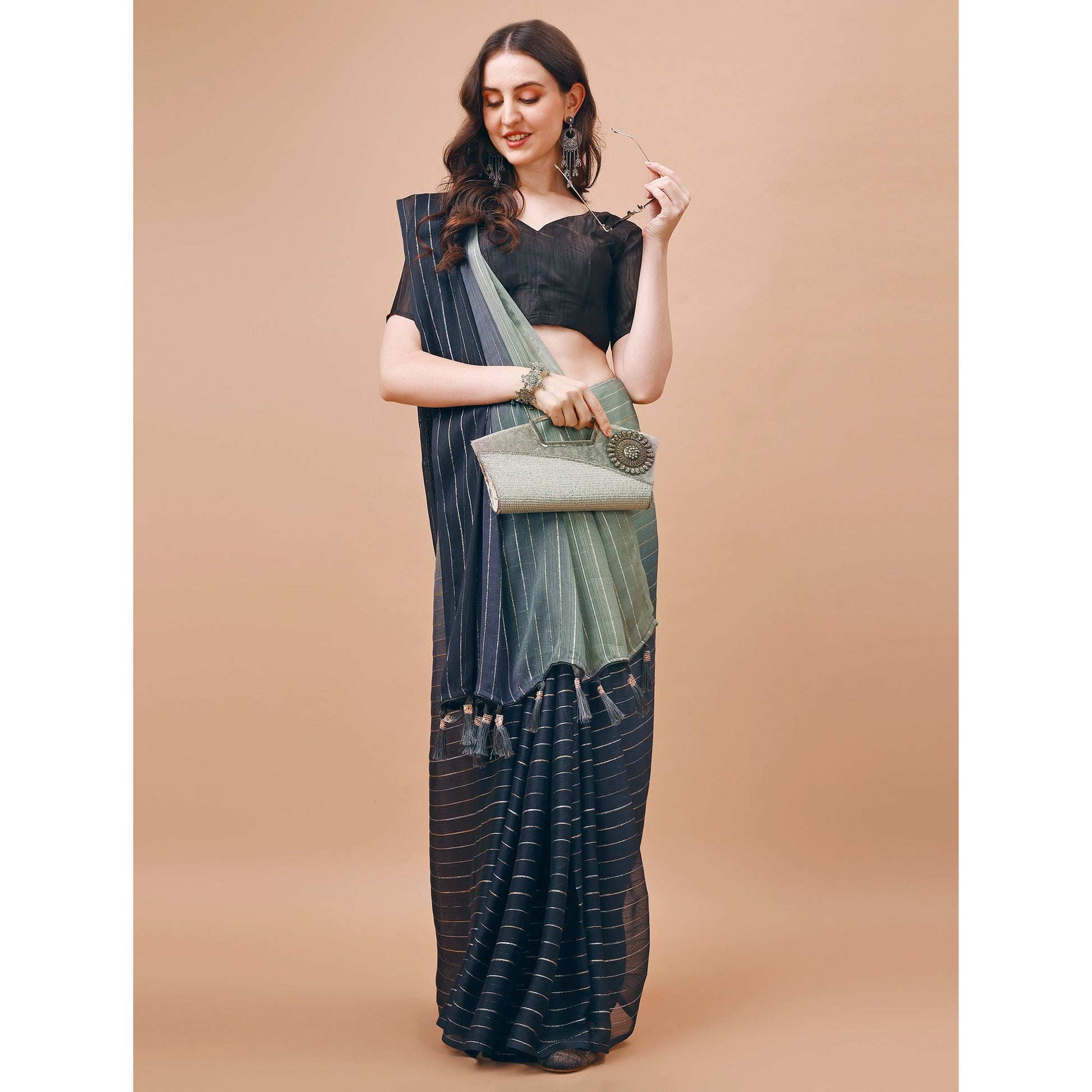 Grey Zari Woven Chiffon Saree