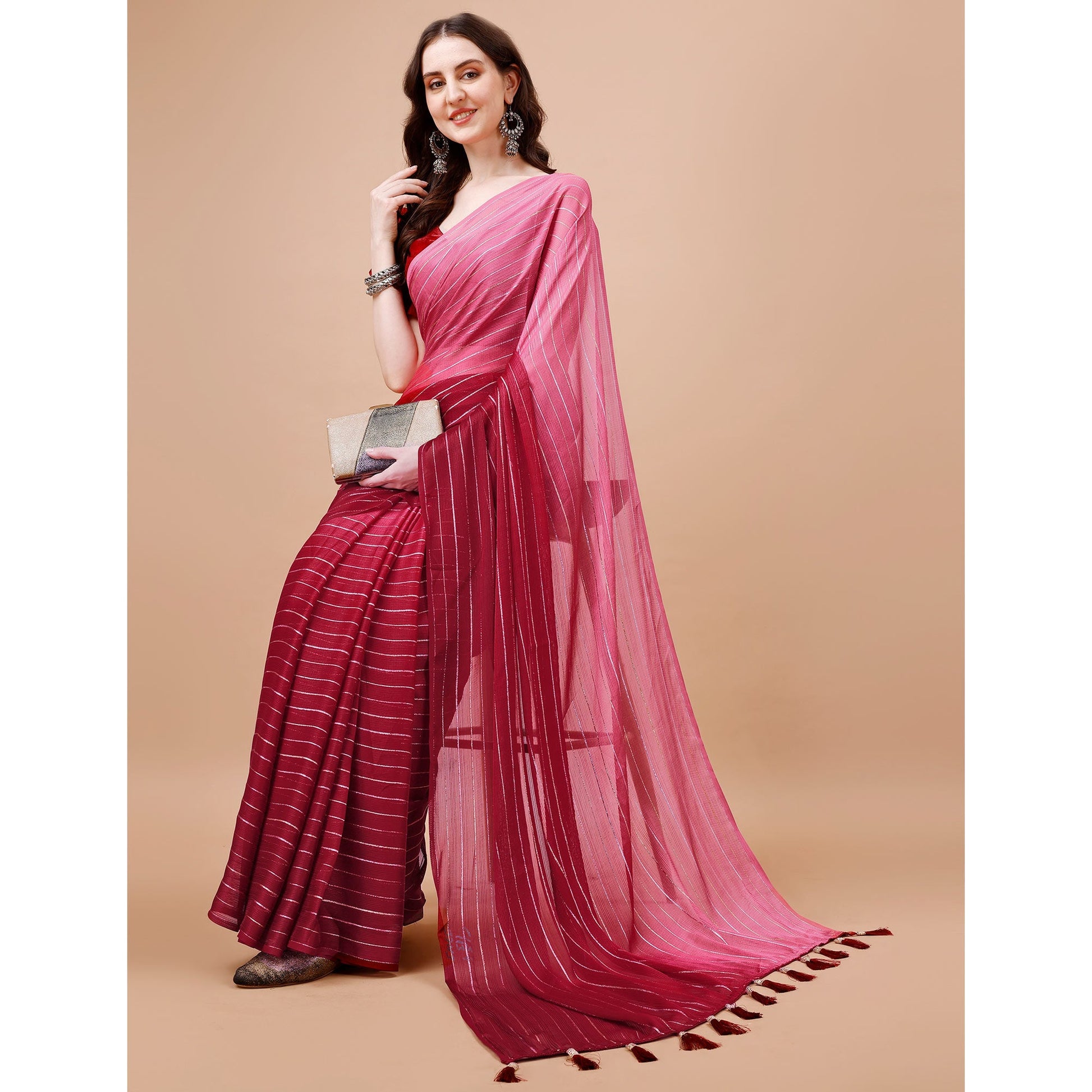 Maroon Zari Woven Chiffon Saree