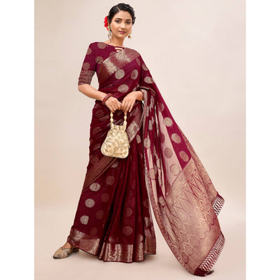 Maroon Woven Chiffon Saree With Tassels