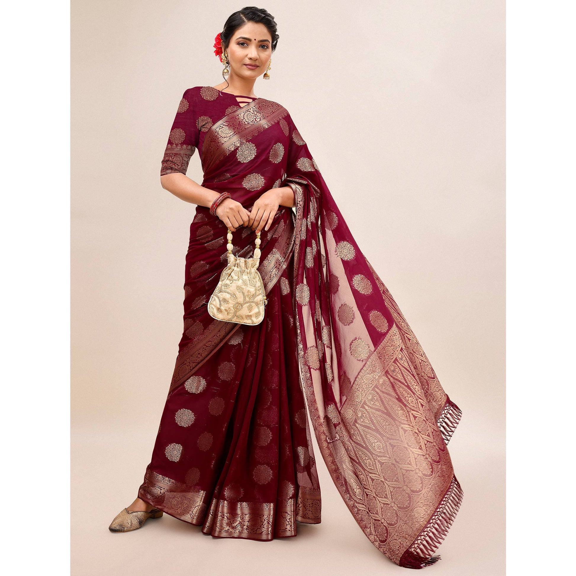 Maroon Woven Chiffon Saree With Tassels