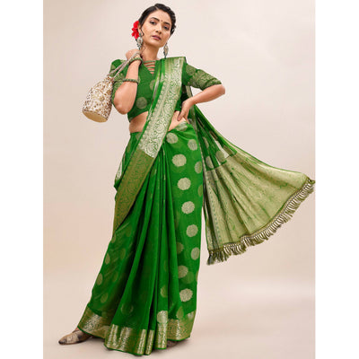 green-woven-chiffon-saree-with-tassels