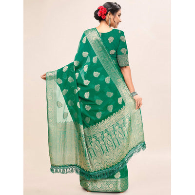 green-woven-chiffon-saree-with-tassels-1