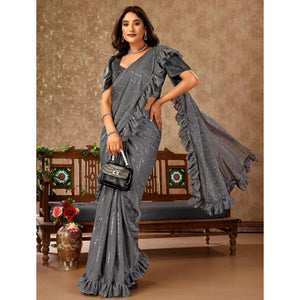 Grey Tikki Work Lycra Ready To Wear Ruffle Saree