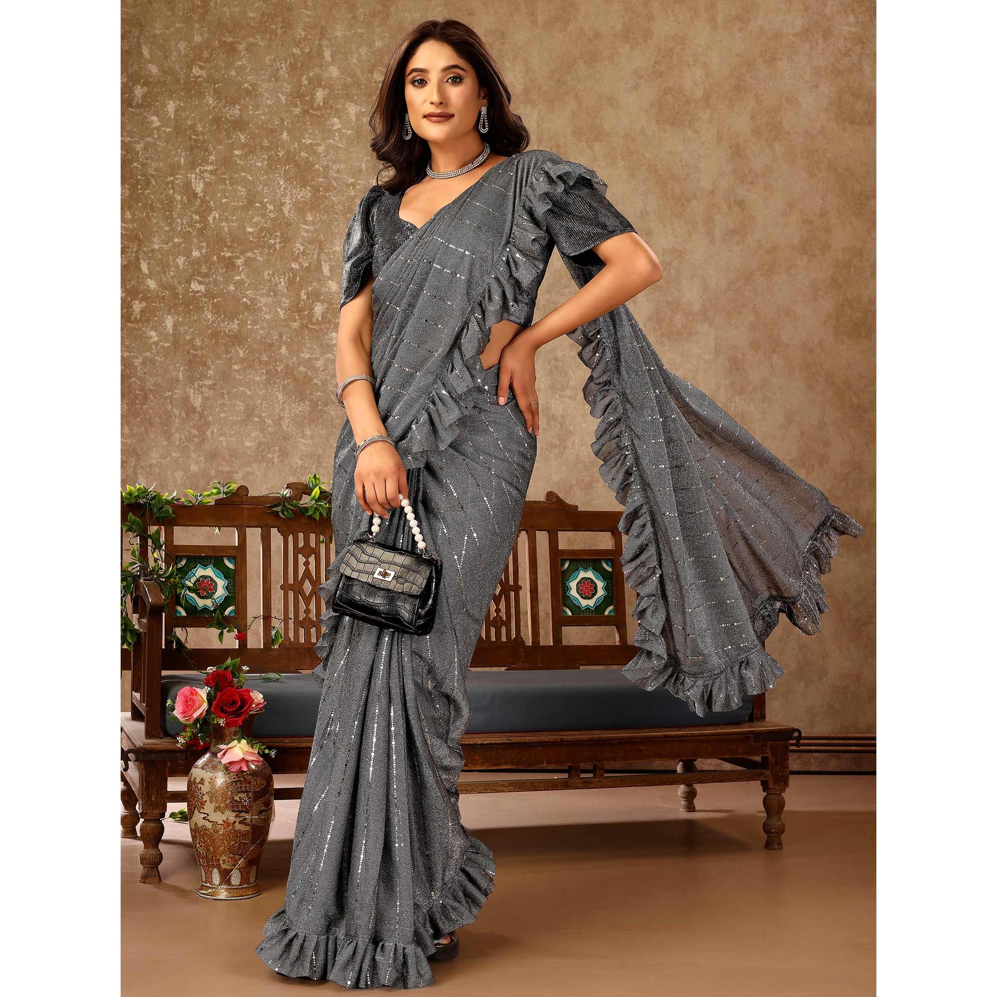 Grey Tikki Work Lycra Ready To Wear Ruffle Saree