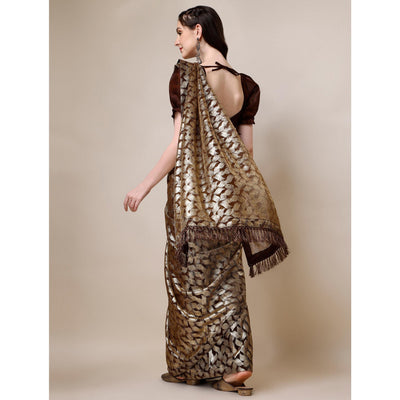 Brown & Gold Foil Printed Rayon Saree