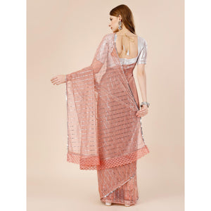 Light Brown Tikki Work Lycra Saree With Embroidered Border