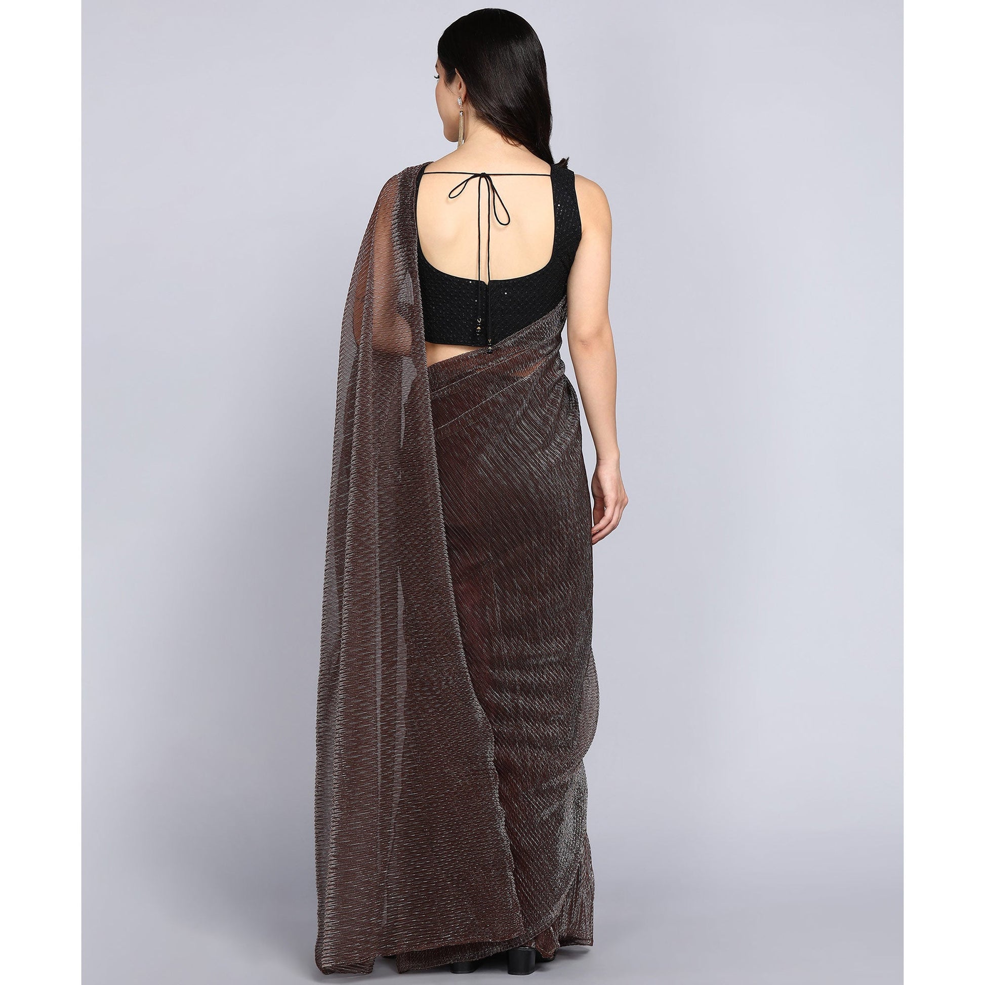 Brown Solid Lycra Crush Saree