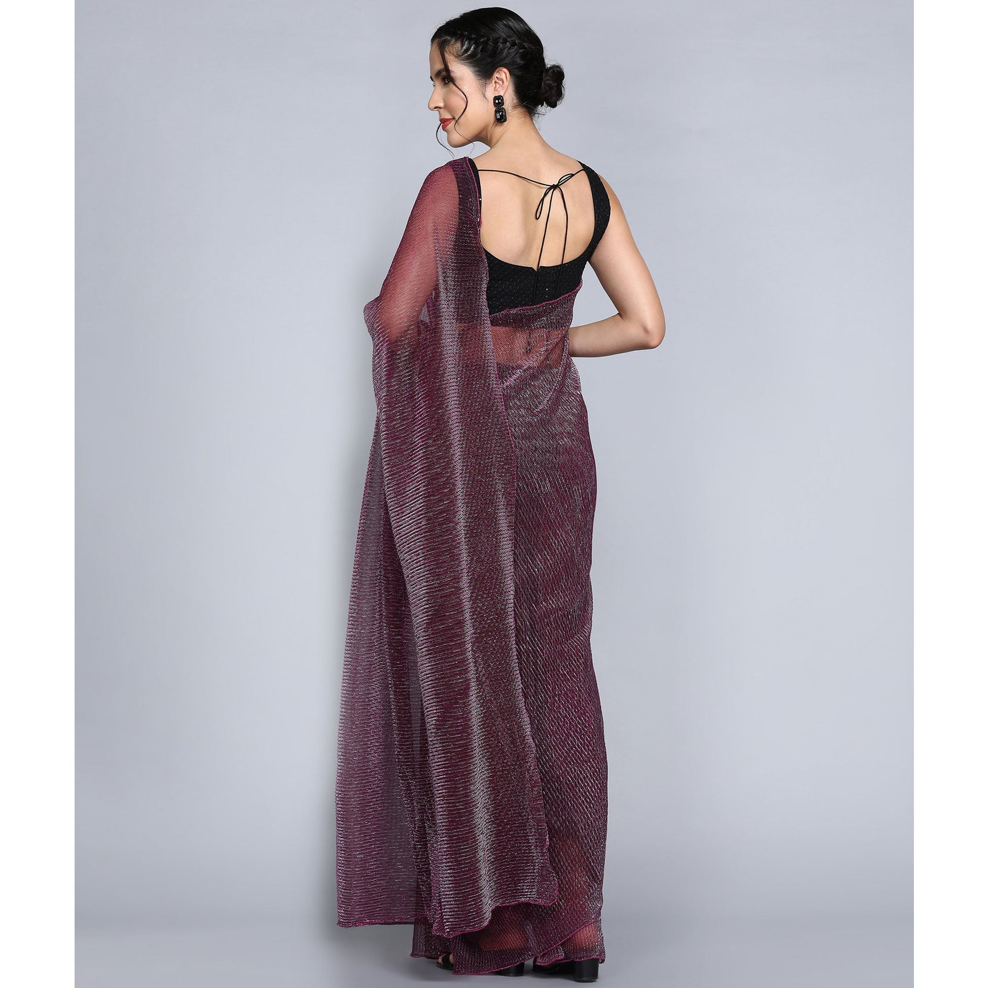 Dark Mauve Solid Lycra Crush Saree