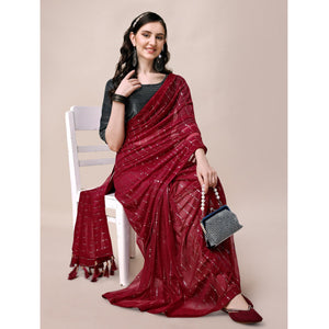 Maroon Striped Foil Printed Rayon Saree