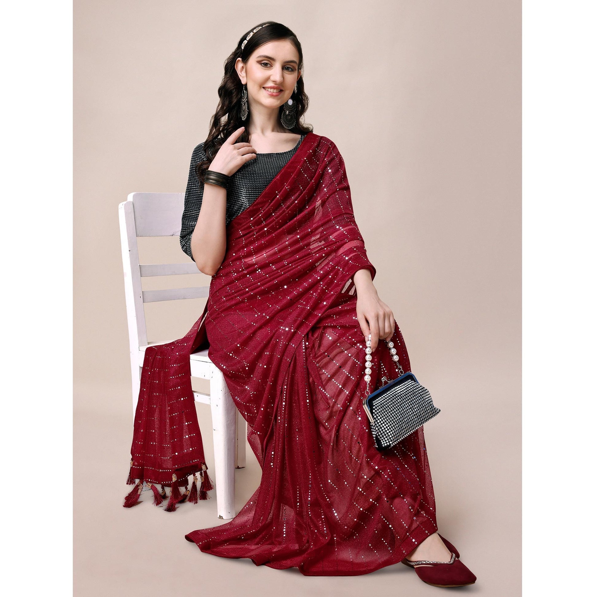 Maroon Striped Foil Printed Rayon Saree