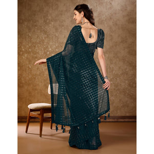 Bottle Green Tikali Work Lycra Saree With Tassels