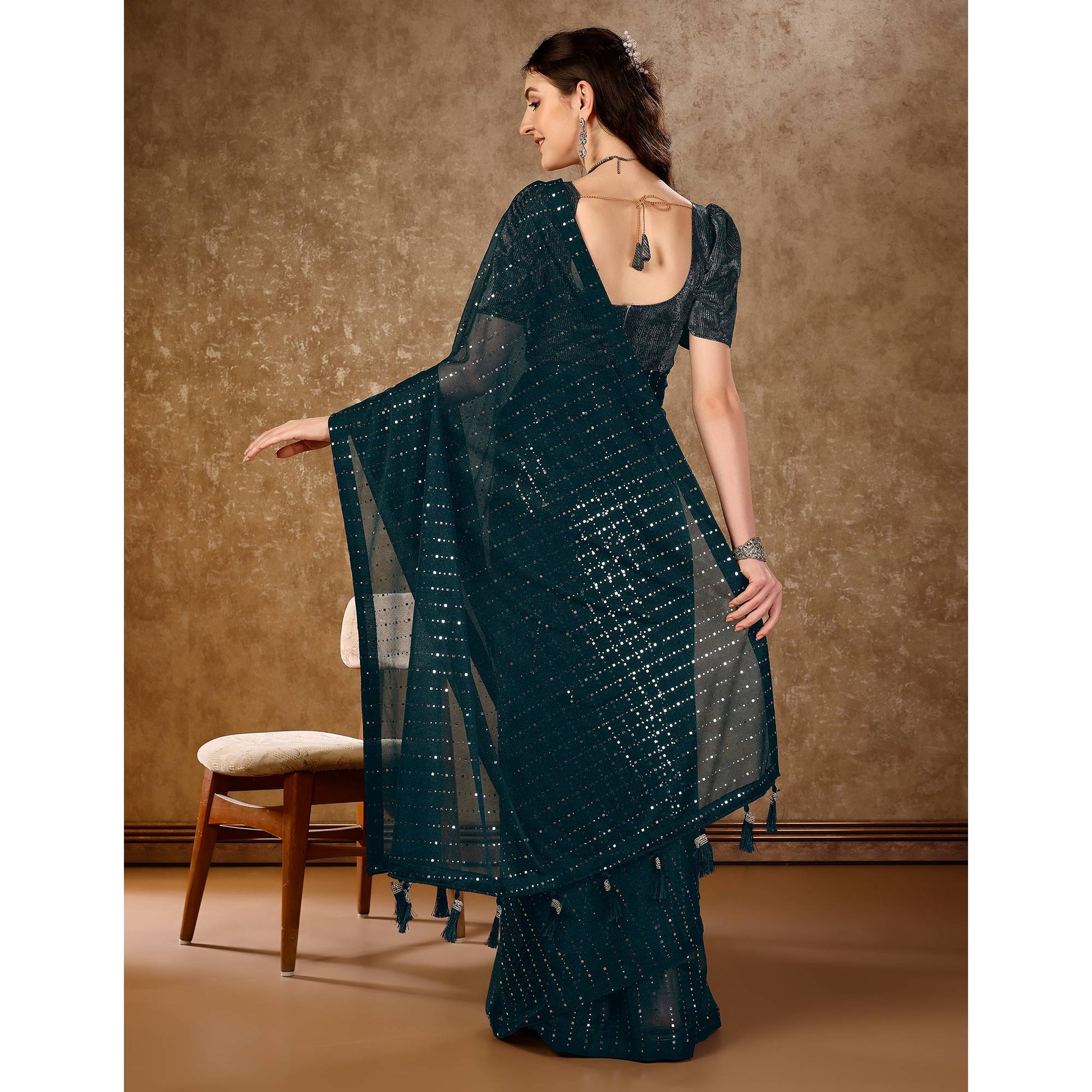 Bottle Green Tikali Work Lycra Saree With Tassels