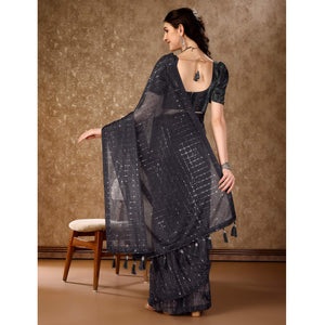 Grey Tikali Work Lycra Saree With Tassels