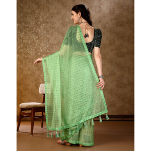 Light Green Tikali Work Lycra Saree With Tassels