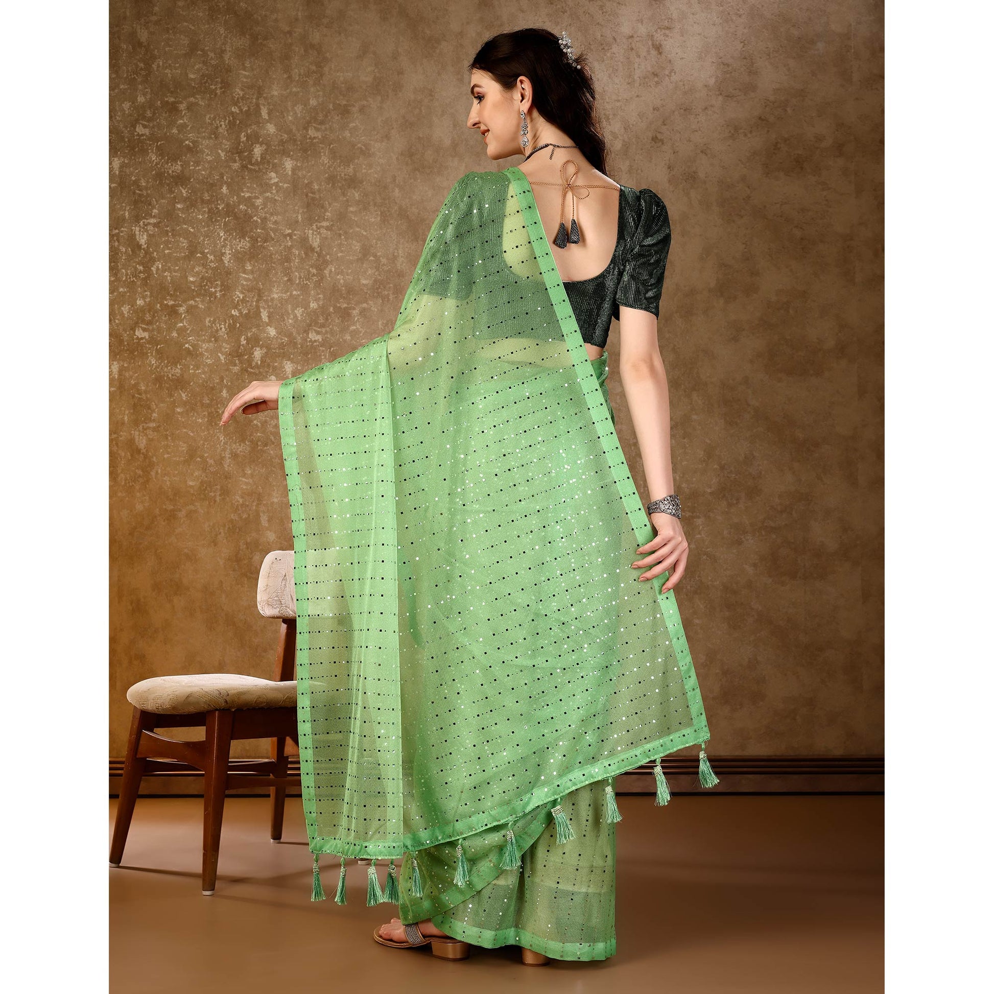 Light Green Tikali Work Lycra Saree With Tassels