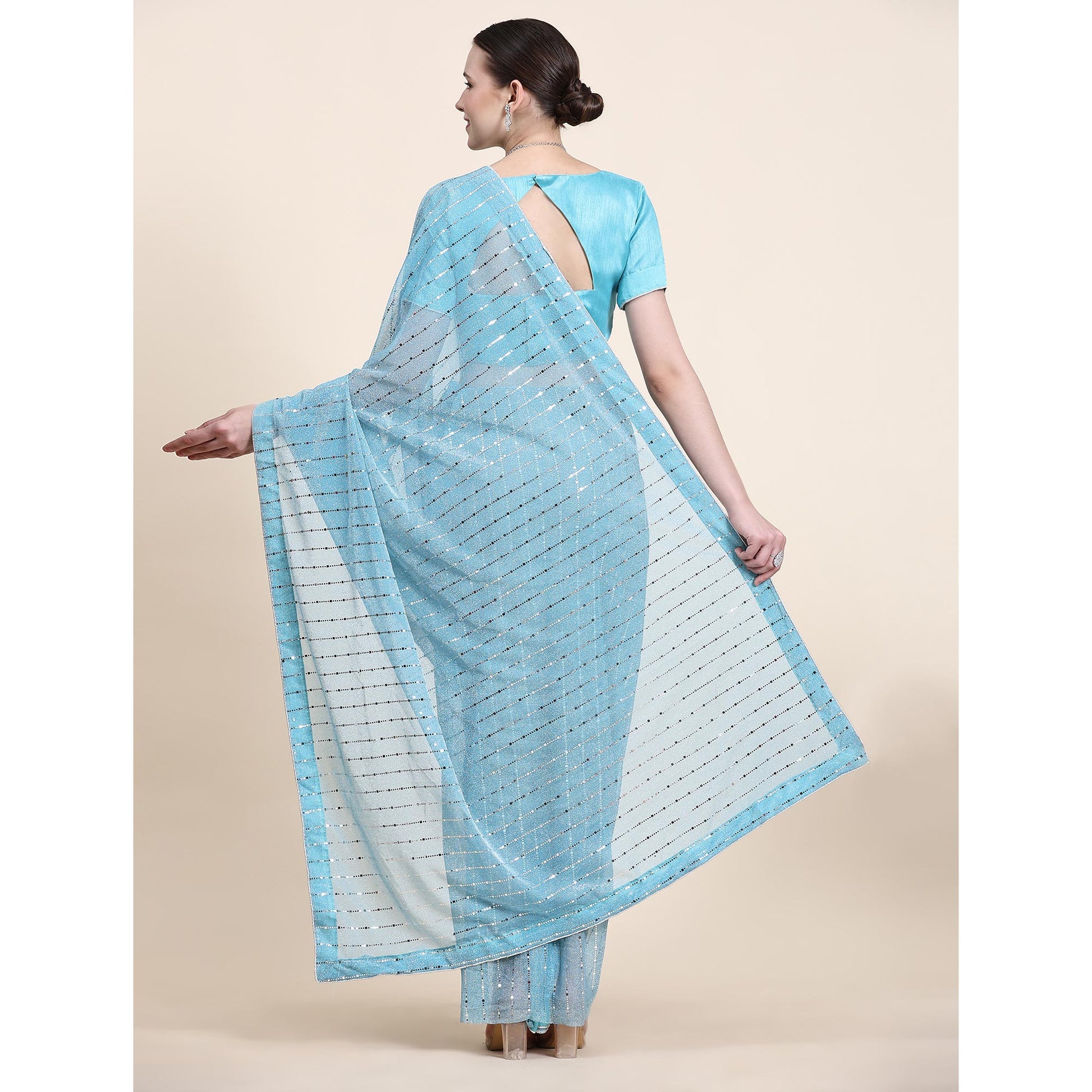 Blue Tikali Work Lycra Saree