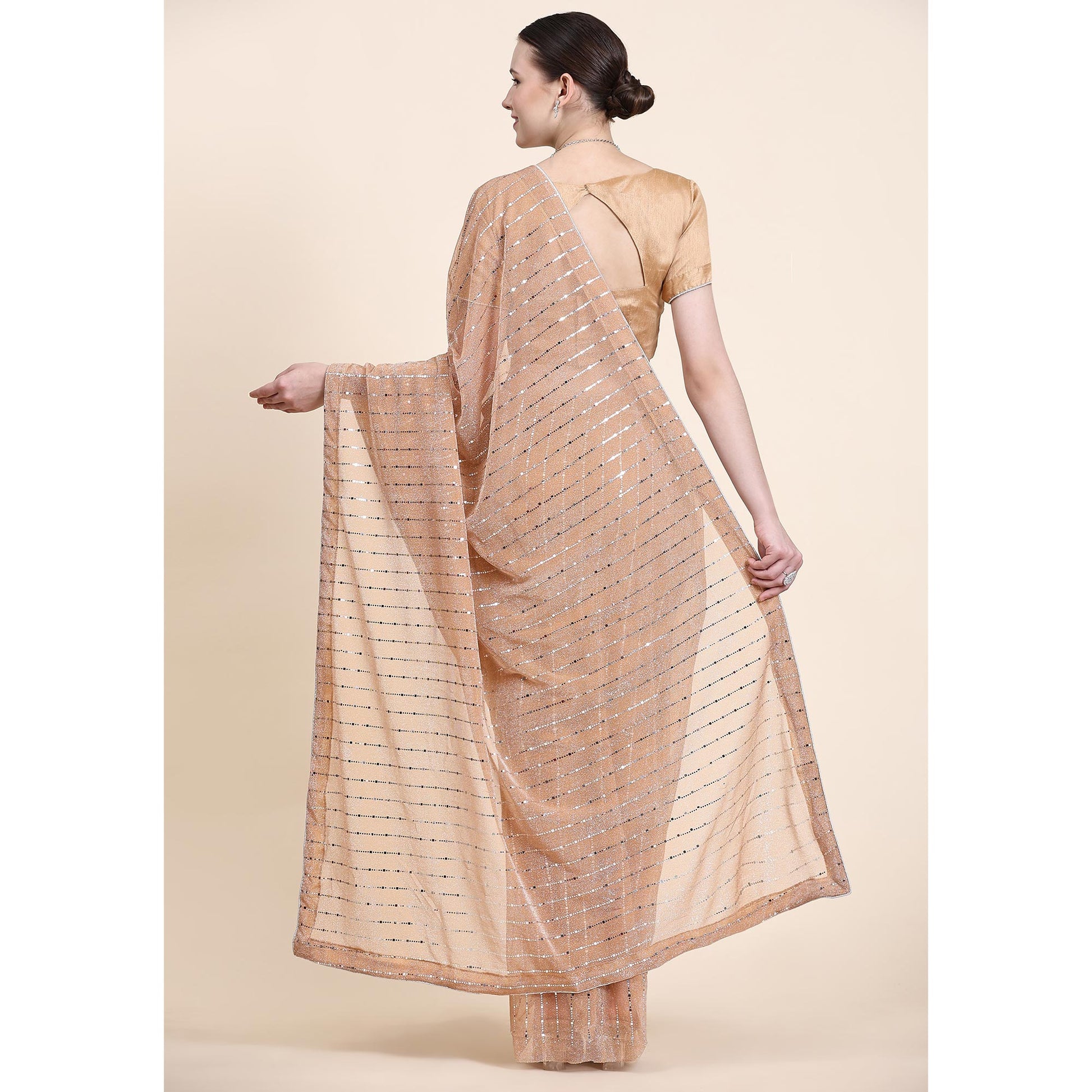 Light Peach Tikali Work Lycra Saree