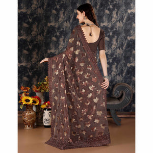 Brown Foil Printed Lycra Saree With Embroidered Lace Border