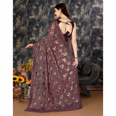 Dark Mauve Foil Printed Lycra Saree With Embroidered Lace Border