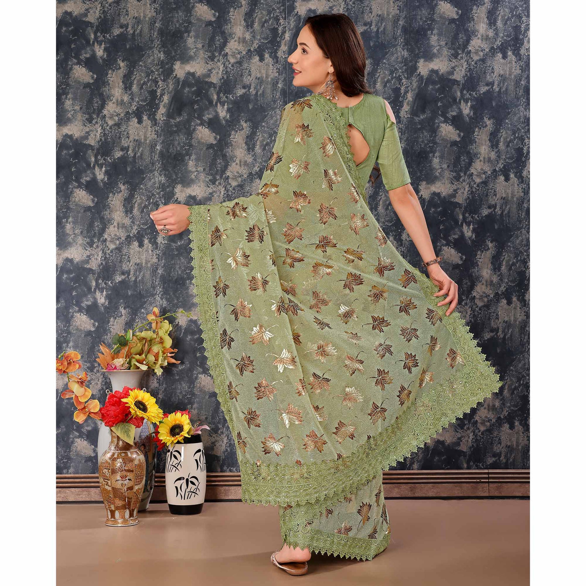 green-foil-printed-lycra-saree-with-embroidered-lace-border