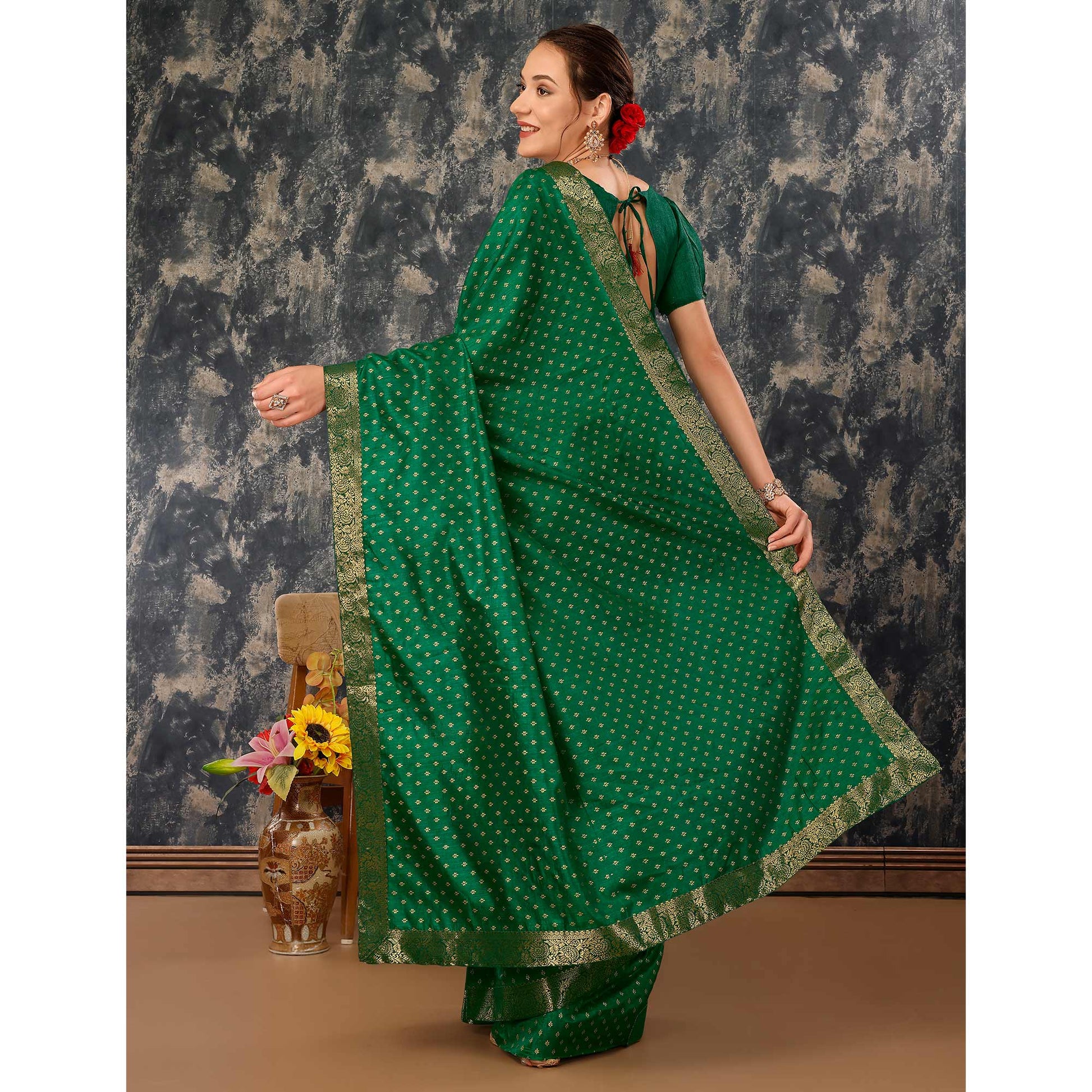 green-floral-foil-printed-vichitra-silk-saree-with-lace-border
