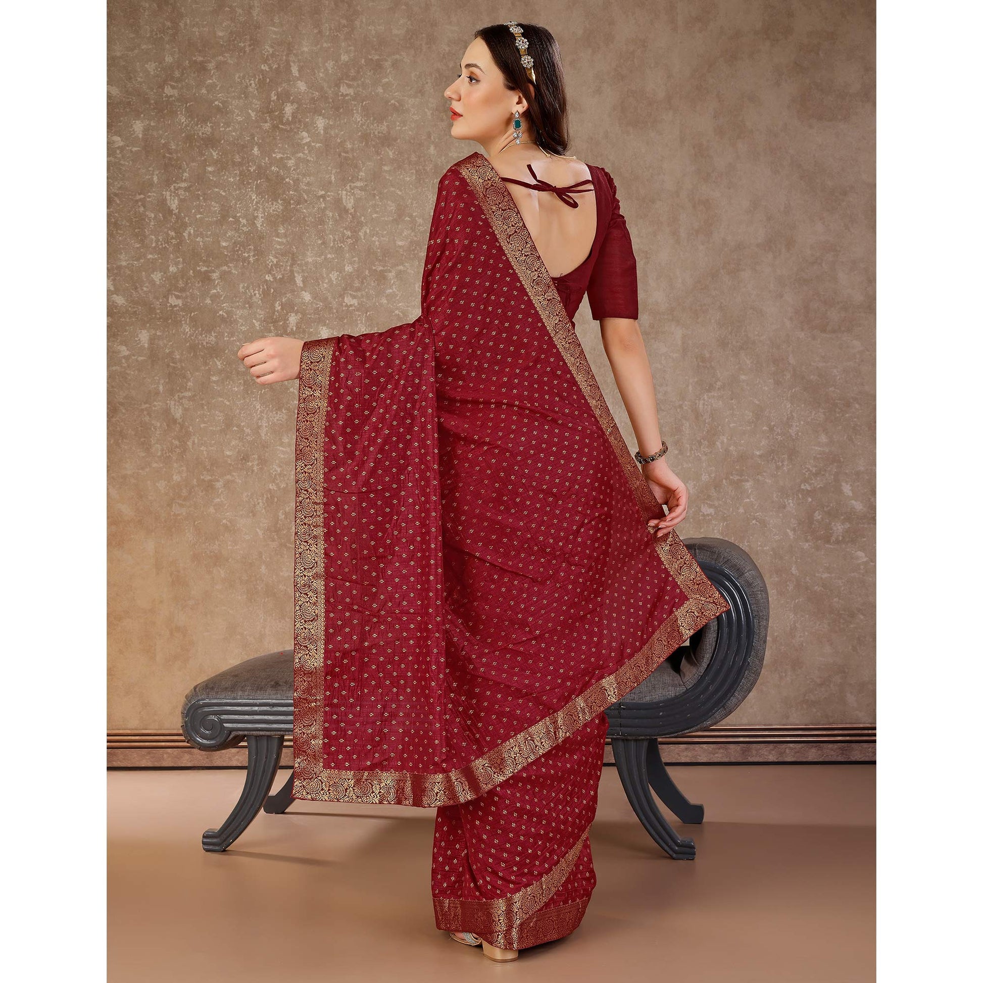 Dark Maroon Floral Foil Printed Vichitra Silk Saree With Lace Border