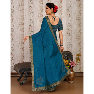 Morpich Floral Swarovski Work Vichitra Silk Saree With Lace Border