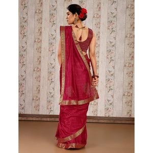 Maroon Floral Swarovski Work Vichitra Silk Saree With Lace Border