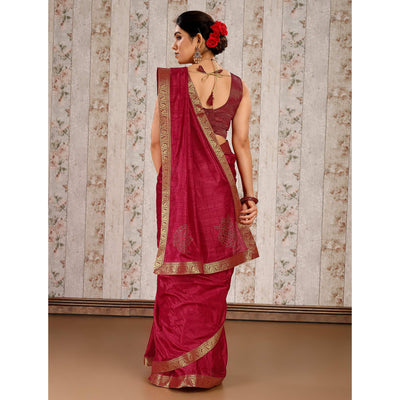 Maroon Floral Swarovski Work Vichitra Silk Saree With Lace Border
