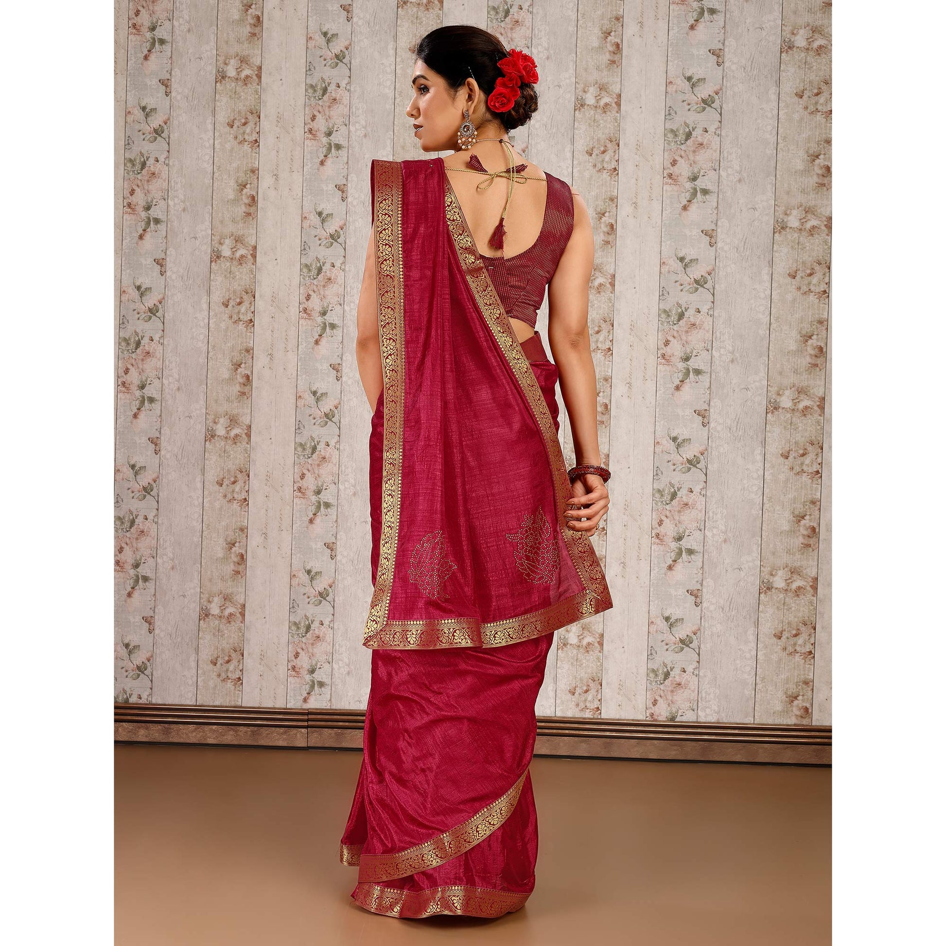 Maroon Floral Swarovski Work Vichitra Silk Saree With Lace Border