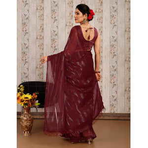 Maroon Swarovski Work Chiffon Saree With Tassels