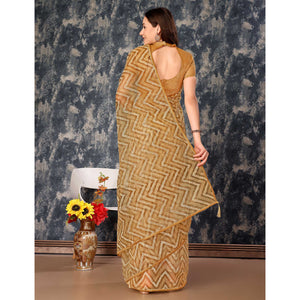 Chikoo Printed With Zari Work Cotton Silk Saree With Lace Border