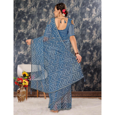 Greyish Blue Printed With Zari Work Cotton Silk Saree With Lace Border