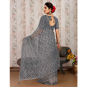 Grey Printed With Zari Work Cotton Silk Saree With Lace Border