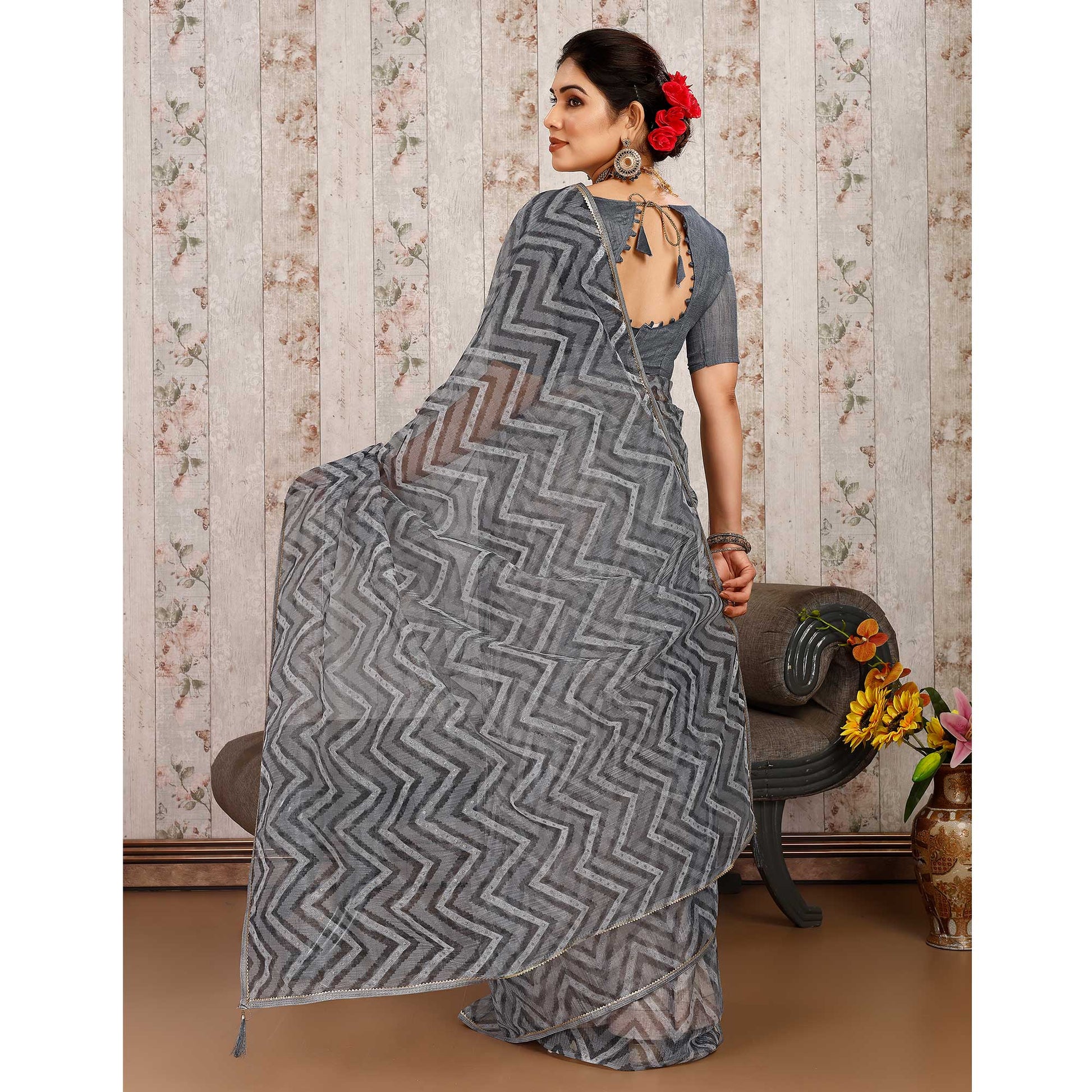 Grey Printed With Zari Work Cotton Silk Saree With Lace Border