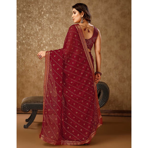 Maroon Floral Foil Printed Chiffon Saree With Lace Border