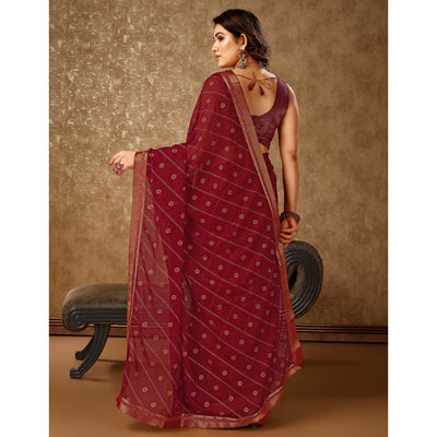 Maroon Floral Foil Printed Chiffon Saree With Lace Border