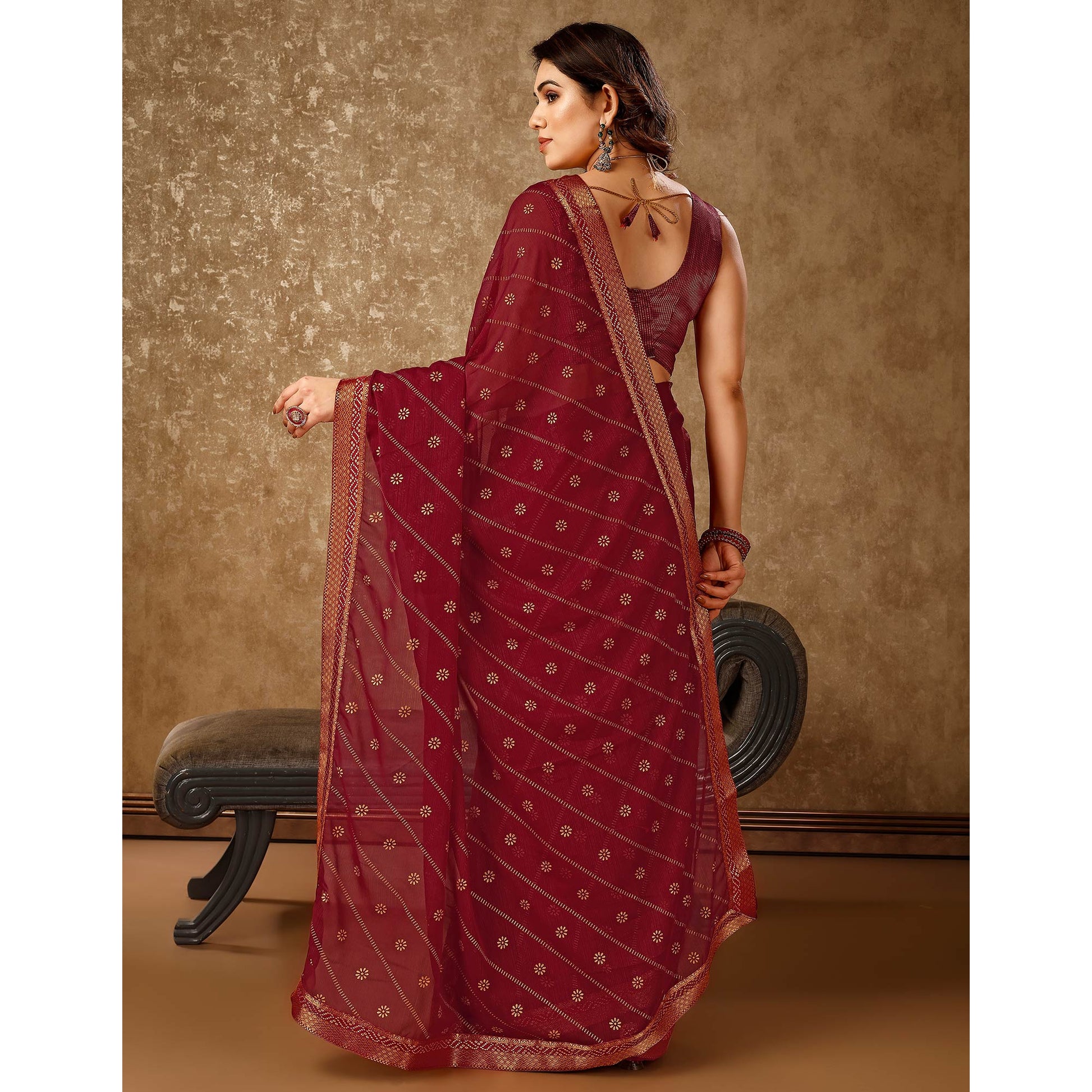 Maroon Floral Foil Printed Chiffon Saree With Lace Border