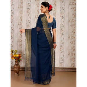 Blue Swarovski Work Chiffon Saree With Woven Border